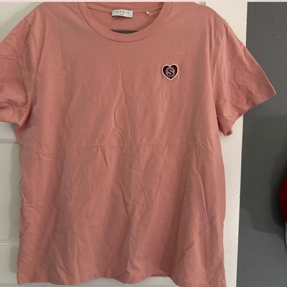 SANDRO Paris Short Sleeve T-shirt With Heart Logo Appliqué On Chest Womens Large - Picture 2 of 7